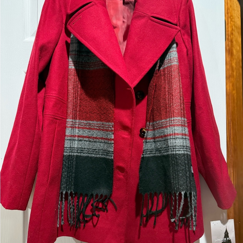London Fog Red Wool Pea Coat With Scarf